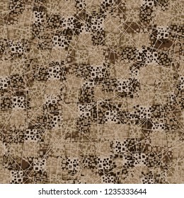 Abstract seamless pattern painted in colors of autumn gold. Chaos of contour squares located in the foreground.