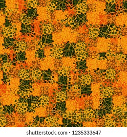 Abstract seamless pattern painted in colors of autumn gold. Chaos of contour squares located in the foreground.