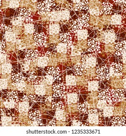 Abstract seamless pattern painted in colors of autumn gold. Chaos of contour squares located in the foreground.