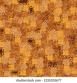 Abstract seamless pattern painted in colors of autumn gold. Chaos of contour squares located in the foreground.