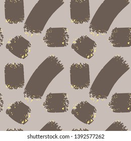 Abstract seamless pattern. Painting of brawn brushes and golden spots. Vector grunge style texture