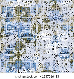 Abstract seamless pattern. Paints of the spring landscape. In the foreground is a semi-bubble ornament.