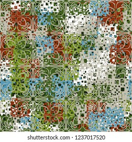 Abstract seamless pattern. Paints of the spring landscape. In the foreground is a lace ornament.