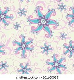 Abstract seamless pattern with paisley elements and stylized flowers. Vector illustration