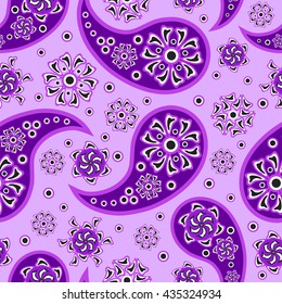 Abstract seamless pattern. Paisley. Purple background. Vector illustration.