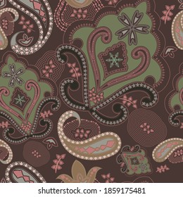 Abstract seamless pattern in paisley style. On a dark background are bright Turkish cucumbers. Print for textiles and paper. Vector illustration.