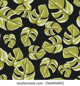 Abstract seamless pattern with pale green hand drawn monsera leaf ornament. Black background. Random print. Great for fabric design, textile print, wrapping, cover. Vector illustration.