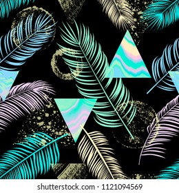 Abstract  seamless pattern with palm leaf, triangles, ornament, doodle and grunge textures.