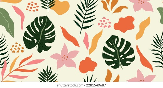 Abstract seamless pattern with palm leaves and other tropical plants. Summer vector decor