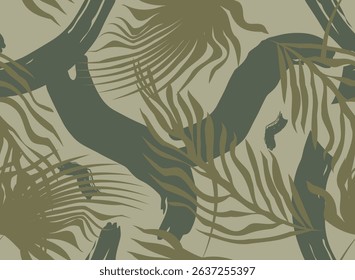 Abstract Seamless Pattern with Palm Leaves and Brush Strokes in Olive Tones