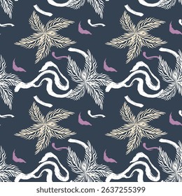 Abstract Seamless Pattern with Palm Leaves and Brush Strokes at dark background