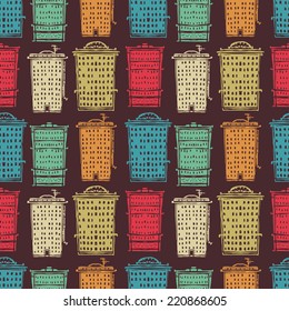 Abstract seamless pattern with panorama of the city. Houses, street.   Urban hand drawn ornament. Repeated background texture. Cloth design. Wallpaper