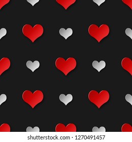 Abstract seamless pattern of paper cut red and grey hearts on black background. Romantic pattern for banner, greeting, Valentine's day card, invitation, postcard, paper packaging. Vector illustration.