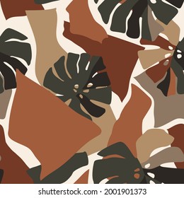 Abstract seamless pattern with abstract paper cut out, tropical leaves. Contemporary hawaiian collage. Modern vector illustration for fabric, wrapping texture, textile, cool wallpaper