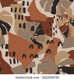 Abstract seamless pattern with abstract paper cut out, doodle texture, tropical leaves. Contemporary hawaiian collage. Modern vector illustration for fabric, wrapping texture, textile, cool wallpaper