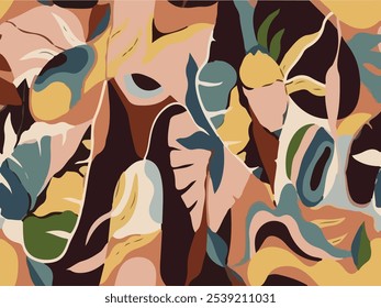 Abstract seamless pattern with abstract paper cut out, tropical leaves. Contemporary hawaiian collage. Modern vector illustration for fabric, wrapping texture, textile, cool wallpaper. digital design.