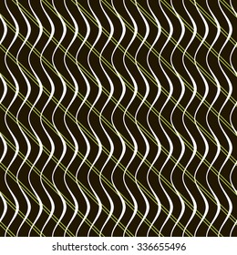 Abstract seamless pattern of parallel diagonal straight lines crossed vertical wavy lines. Beautiful contrasting background in black, white and green colors. Vector illustration