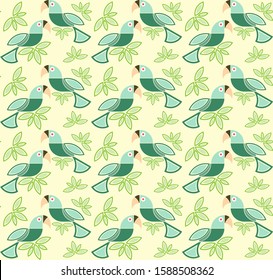 Abstract seamless pattern with parrots and green leaves