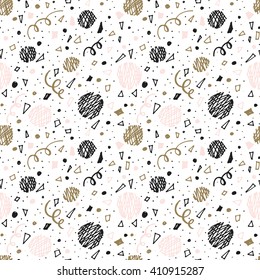 Abstract seamless pattern with party elements. Brush strokes vector background . Black and white hand drawn hipster texture. Print for cards, fabric, wrapping paper. 