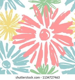 Abstract seamless pattern with pastel blue, yellow and pink colors flowers in grunge style on white background. Vector repeating chrysanthemum blossoms vector illustration.