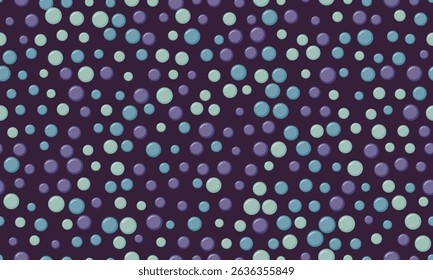 Abstract seamless pattern of pastel circles on a dark background.  Ideal for website backgrounds, textile design, or playful branding.  Evokes feelings of calmness and subtle energy.