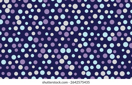 Abstract seamless pattern of pastel circles on a dark blue background.  Perfect for textile prints, website backgrounds, or playful branding. Evokes feelings of joy, celebration, and gentle energy.
