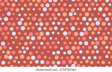 Abstractas patrón sin fisuras con círculos pastel sobre un fondo de terracota.  Perfecto para el diseño textil, Anuncios de Sitio web o marca juguetona.  Evoca sentimientos de alegría, energía y simplicidad moderna.