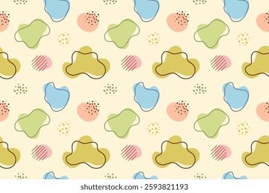 Abstract seamless pattern, pastel colored. Hand drawn shapes, dots and doodle. Trendy modern vector background.