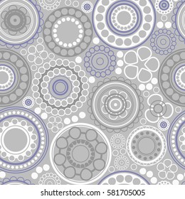 Abstract seamless pattern in pastel colors, consisting of circles of different sizes. Round shapes are woven into a pattern. The background color is light gray. Flat style