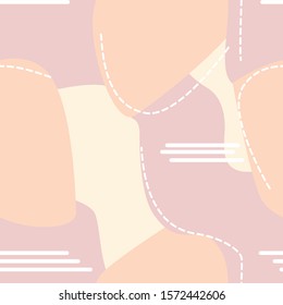 Abstract seamless pattern with pastel pink and yellow spots and white lines. Modern vector feminine repeat design for wallpaper, wrapping or fabric.