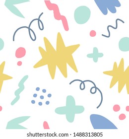  Abstract seamless pattern with pastel shapes,scribbles,doodles and lines.Colorful freehand texture print on white background.Vector