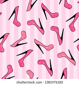 Abstract seamless pattern. Patent leather high-heeled shoes on repeated stripes background. Vector illustration