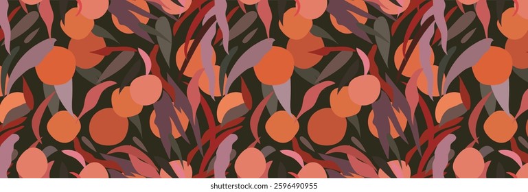 Abstract seamless pattern with peaches. Fruit background with hand drawn peaches and colorful leaves. Modern summer design for paper, cover, fabric. Vector illustration.