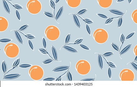 Abstract seamless pattern with peaches fruits and leaves for swimwear and clothes design. Background for phone cases, notebooks and accesories. Hand draw texture. Vector template.