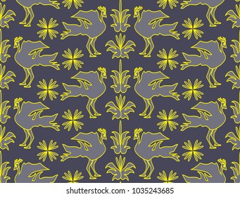 Abstract seamless pattern with peacocks and plants