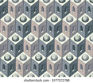 Abstract seamless pattern with pencil drawings of architectural elements. Hand-drawn geometric background in op art style. Vector texture, suitable for wallpaper, wrapping paper, flooring, fabric