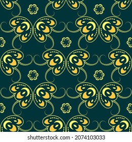 Abstract seamless pattern in persian style, yellow and green vector seamless pattern, persian seamless texture, elegant ornament with butterflies