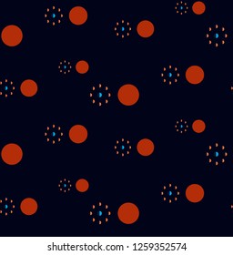 Abstract seamless pattern "Phases of the moon, earth and orange sun" on dark backgrpund