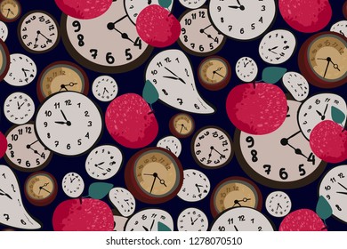 Abstract seamless pattern with pink apples and clock faces on dark blue background. Vector hand-drawn print, vintage Wallpaper. Elegant retro design.