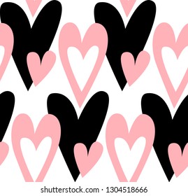 Abstract Seamless pattern with pink and black hearts. Vector hand drawn background.