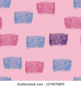 Abstract seamless pattern with pink, blue and purple scribble rectangles. Pattern on pink background. Vector hand drawn texture. Illustration for wrapping paper, textile print and any other purpose