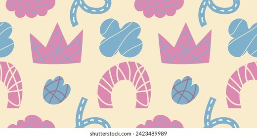 Resumen de un patrón sin fisuras de garabatos de garrapatas rosados y azules a mano alzada dentro de formas simples. Ilustración retro para textiles, papel, tela, fondo, papel pintado, diseño de impresión. Vector 