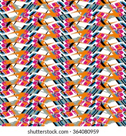 Abstract seamless pattern with pink, blue, black, grey and orange elements on white background