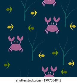 Abstract seamless pattern. Pink crab, yellow and green fish and green algae on a dark blue background. Marine motive. Cartoon inhabitants of the sea. For wallpapers, backgrounds and textiles.