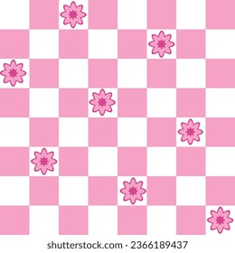 abstract, seamless pattern of pink daisies. trendy plaid, cute graphic in modern style. for print, advertising, wrapping paper, web, social media. vector art illustration. barbie style