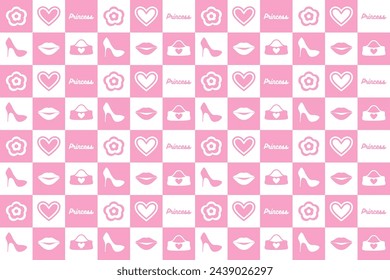 abstract, seamless pattern of pink daisies, romantic heart, lips. fashionable plaid, cute graphics in a modern style. for print, wrapping paper, web, social media. vector art illustration. barbie