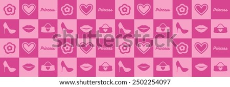 abstract, seamless pattern of pink daisies, romantic heart, lips. fashionable plaid, cute graphics in a barbie style. for print, advertising, wrapping paper, web, social media. vector art illustration