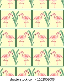 Abstract seamless pattern with pink flamingo and green branches