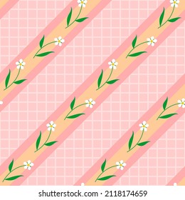Abstract seamless pattern with pink geometric patterns and white flowers. Fabric print, gift wrap or wallpaper. Vector image.