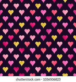 Abstract Seamless Pattern of Pink and Golden Hearts with Realistic Glitter Effect on Dark Backdrop. Continuous Romantic Background for Universal Application.
